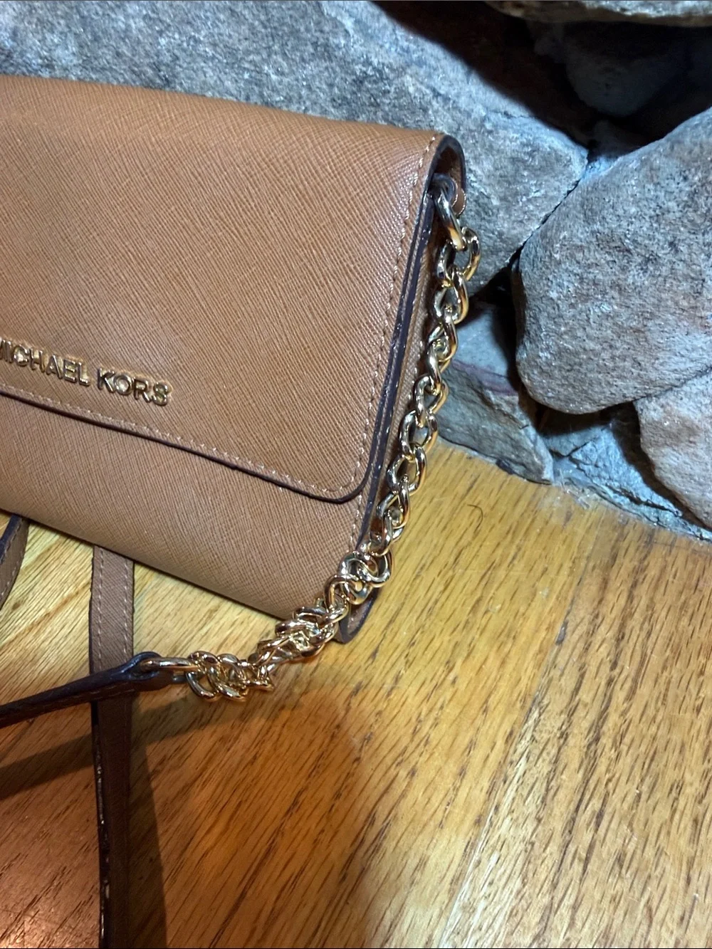 Michael Kors Brown Saffiano Leather Wristlet Clutch with Gold Logo